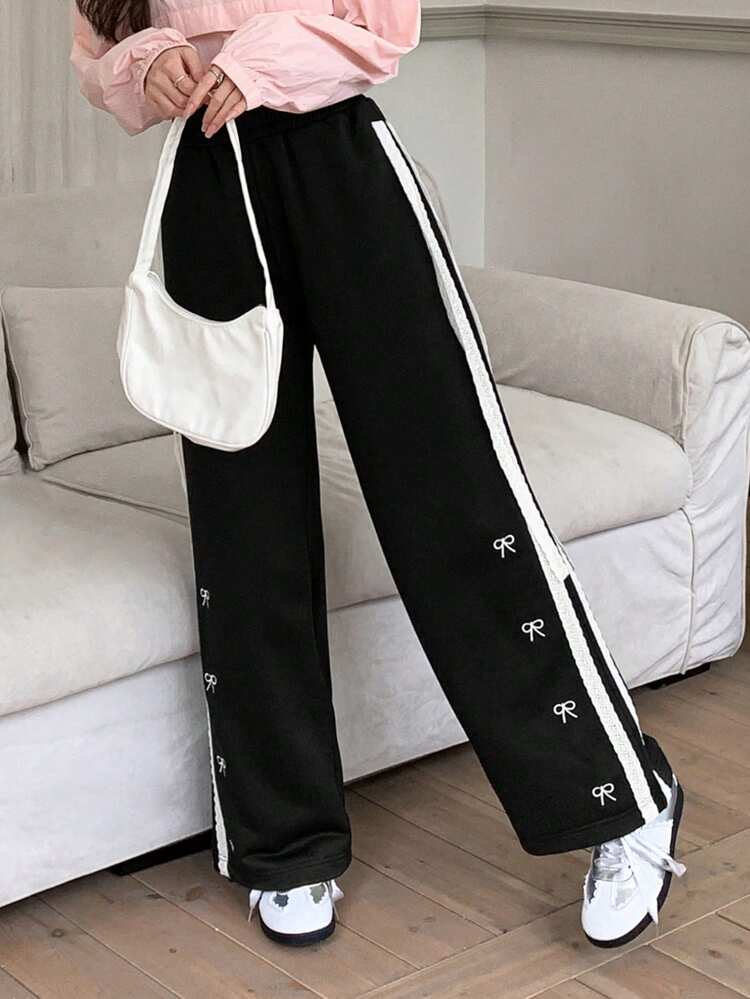 Women Elastic Waist Side Contrast Lace Loose Casual Sweatpants Fall,Winter Women Joggers