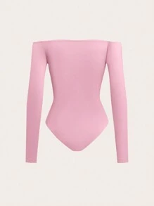 SHEIN BASICS Women Off-Shoulder Solid Color Long Sleeve Slim Fit Bodysuit, Casual For Everyday Wear