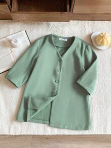 Blossori Young Girls Casual Solid Color Overcoat, Autumn/Winter - Green - View 9