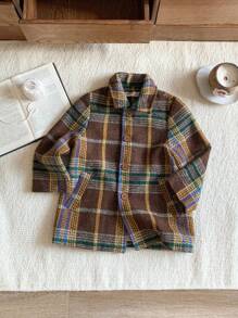 Blossori Camisa casual de manga larga a cuadros con botones delanteros y bolsillos para niño pequeño - Marrón - Ver 7