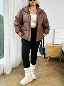 SHEIN EZwear Unisex Plus Size Warm Padded Down& Feathers Jacket, Brown Feather For Winter - Chocolate Brown - View 8