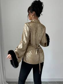 Chiquease Women's French Romantic Cross Tied Golden Sequin Design Flare Sleeve Feather Decor Blouse For New Year Holiday Party Clothes Women Shirt - Gold - View 2