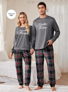 2 件套字母印花套头衫长袖羊毛格子长裤男士睡衣套装 - 灰色 - 查看 7