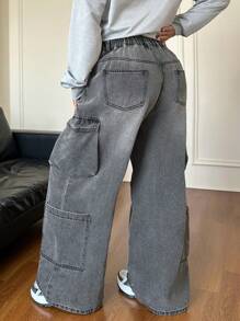 SHEIN EZwear 大码休闲宽松直筒灰色牛仔裤 - 灰色 - 查看 2