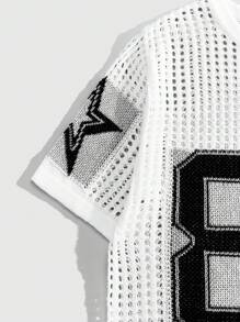ROMWE MEN Prep World Cup Spring/Summer Casual Graphic White Men'S Number Graphic Round Neck Short Sleeve Jacquard Hollow-Out Knitted Top, Football Style - White - View 3