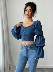 Chiquease Women Ruched Drawstring Puff Sleeve Cropped Fashion Blouse - Medium Wash - View 5
