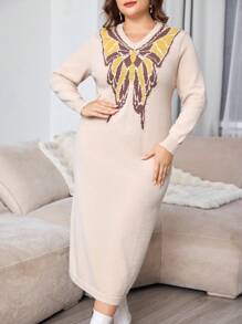 Modelyn Plus Size Women Butterfly Pattern Long Sleeve Knitted Elegant Sweater Dress For Autumn Fall Cloth For Women - Khaki - View 6