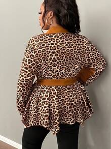 Slaydiva Plus Size Women's Elegant & Casual & Party Windbreaker Jacket, Collared, Ruched Asymmetric Hem, Solid Color & Leopard Print Patchwork, With Belt, Suitable For Autumn/Winter - Brown - View 2