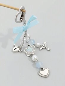 ROMWE Kawaii 1 件手工制作的蝴蝶结天使翅膀流苏和蓝珍珠钥匙扣，可爱又浪漫的节日礼物 - 彩色 - 查看 2