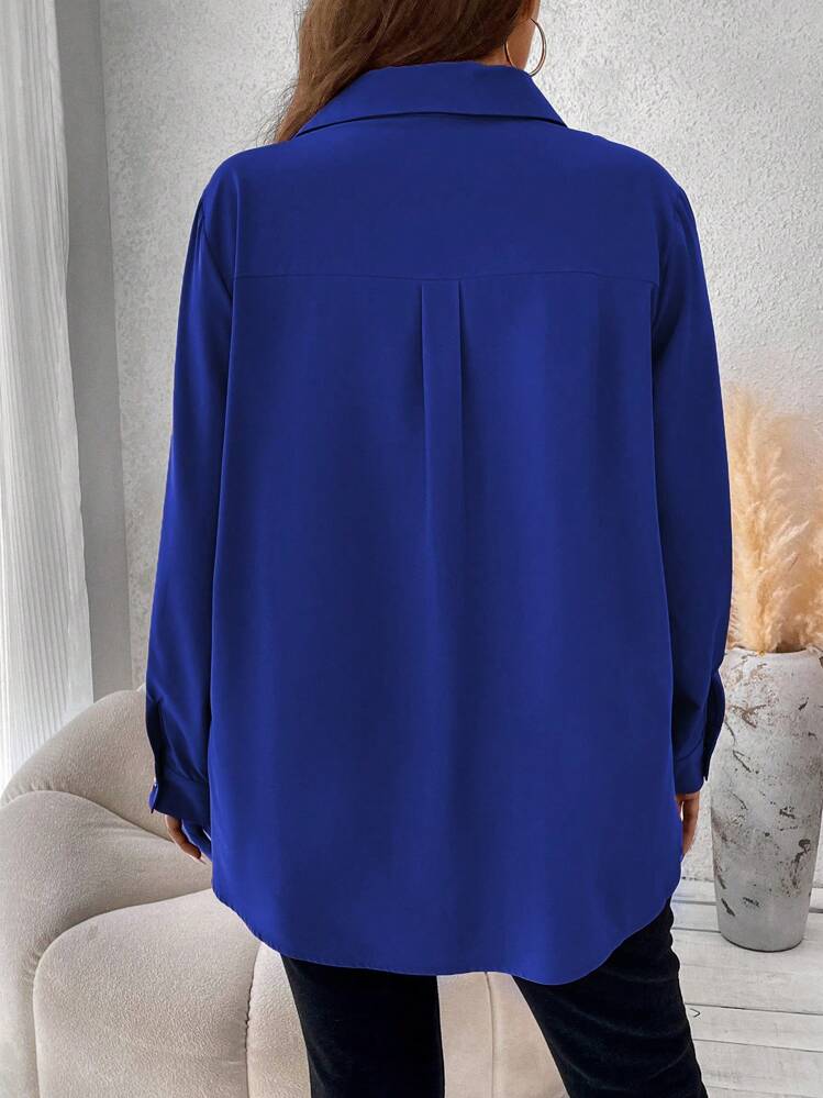 Vionelle Blusa suelta informal con bolsillo útil de unicolor y manga larga para mujer de talla grande, camisa de mujer para otoño - azul real - Añade 2