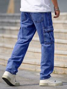 Manfinity Homme Celana Jeans Kargo Longgar Pria Warna Polos dengan Saku Tempel, Potongan Lurus Kasual - Medium Wash - View 2