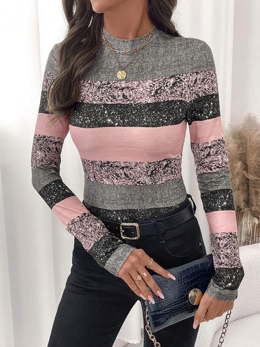 SHEIN Clasi Women's Elegant Geometric Print Gigot Sleeve Long Sleeve T-Shirt, Versatile For Autumn/Winter - Multicolor - View 1