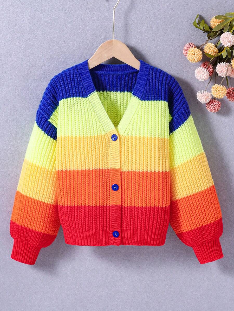 SHEIN 女童彩虹开衫针织毛衣，秋冬儿童针织上衣 - 彩色 - 查看 1