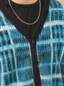 Men Brushed Plaid Cardigan Sweater - Blue - View 3