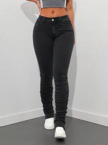 SHEIN Tall 女式口袋装饰休闲紧身喇叭腿牛仔裤 - 黑色 - 查看 2
