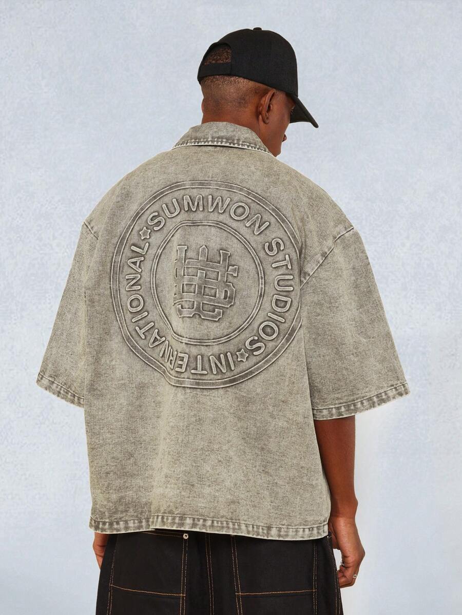 SUMWON Boxy Fit Revere Washed Denim Shirt With Back Embossed Design - Khaki - View 1