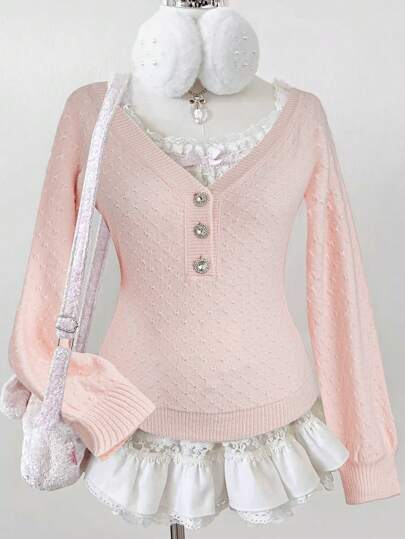 SHEIN Unity كنزة صوفية صوفية بياقة عميقة على شكل V مزينة بأزرار الراين، مناسبة للشتاء والخريف