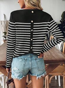 Chiquease Áo len dài tay cài nút sọc thường ngày cho nữ, phong cách thời trang cho mùa thu - màu đen - Xem 1