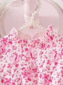SHEIN 2pcs Set: Ditsy Floral Dress And Furry Vest For Young Girls - Pink - View 3