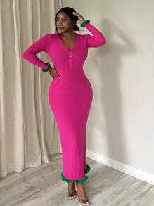 Slaydiva Nuevo vestido largo casual y elegante de mujer con cuello en V, mangas largas, puños y bajo en contraste verde, bajo ancho acanalado y silueta ajustada en color rojo rosa.