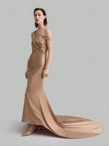 Ontre Sloping Shoulder Frills, Elegant, Light, Trailing, Super Women's Long Dress, Dress, Party, Festival, Show Figure, Show Elegant - Dusty Pink - View 1