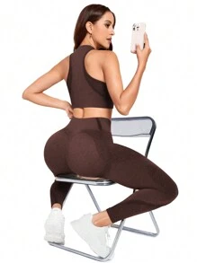 SHEIN Yoga Basic Bộ 2 sản phẩm/Bộ quần áo ba lỗ thể thao yoga liền mạch co giãn thoáng khí màu sắc và quần legging tập luyện cho nữ Bộ quần legging cho nữ - Màu nâu Sô-cô-la - Xem 6