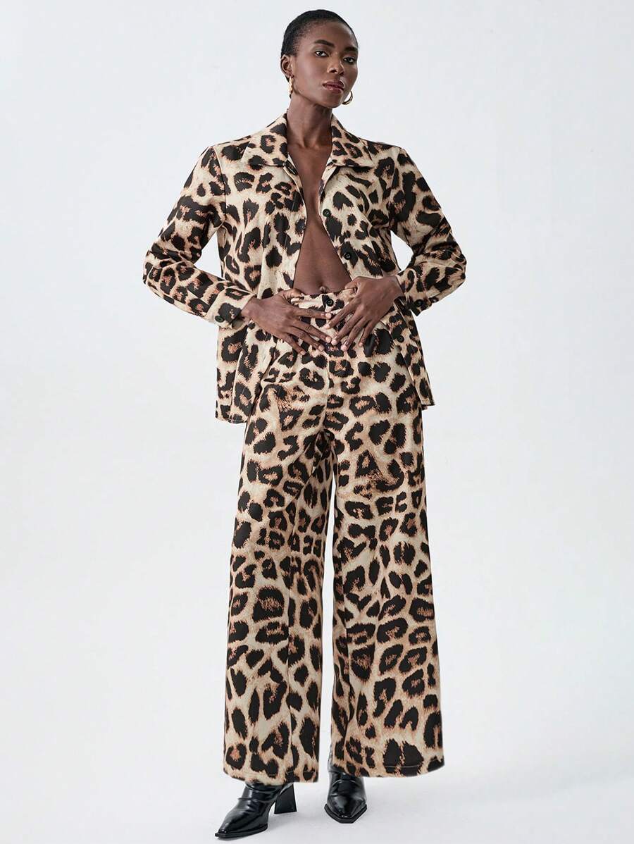 Chiquease 2pcs Women Leopard Print Shacket And Pants Set, Suitable For Autumn/Winter - Multicolor - View 1