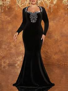 Glamrae 大码优雅奢华黑色天鹅绒甜心领口长袖垫肩手工串珠紧身鱼尾拖尾连衣裙适合婚礼活动、单身派对、节日、正式场合重量级晚礼服、舞会礼服、婚礼嘉宾、毕业典礼、晚宴 - 黑色 - 查看 6