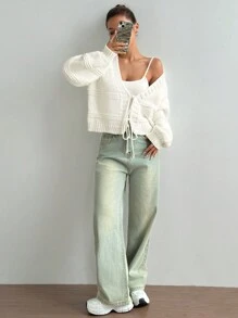 SHEIN Unity Women's Stylish Solid Color Drop Shoulder Loose Front Tie Cardigan - White - View 4