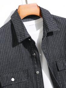 Manfinity Homme Men's Autumn Striped Long Sleeve Flap Pocket Single-Breasted Casual Denim Jacket - Black - View 3