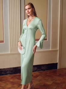 ZEYLAH SOLID V-NECK FLARE SLEEVE SPLIT HEM BUSTIER LONG DRESS