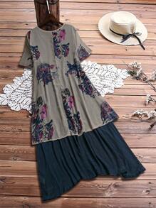 大码女式花卉印花 V 领短袖不对称下摆宽松休闲连衣裙 - 彩色 - 查看 2