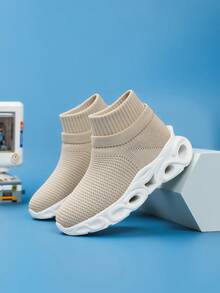 青少年春秋季一脚蹬运动鞋，轻便透气纯色，弹性鞋面易穿，镂空弹性鞋底，缓冲舒适，适合日常、旅行、校园穿着 - 卡其色 - 查看 3