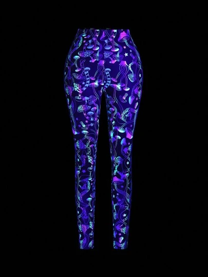 SHEIN Unity 女式弹力时尚夜光蘑菇印花紧身裤，秋季