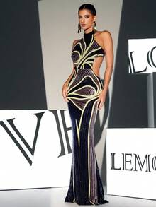 Vestido de graduación con espalda descubierta y recortes con lentejuelas, elegante vestido de noche formal para boda, cena - Multicolor - Ver 4