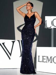 亮片美人鱼下摆吊带舞会礼服黑色优雅正式晚会婚礼宾客礼服，适合毕业典礼、晚宴派对礼服 - 黑色 - 查看 3