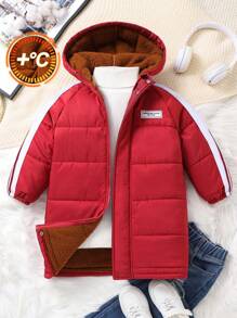 SHEIN 1 pieza Abrigo con capucha acolchado rojo oversize de manga ancha para niños pequeños, ropa de abrigo casual cálida adecuada para viajes, escuela y ocasiones diarias en otoño e invierno