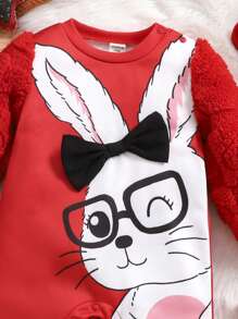 SHEIN Baby Girl Cute Bunny Print Red Thick Furry Jumpsuit, Easy On/Off With Headband, Suitable For Christmas - Red - View 4