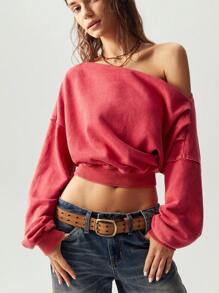 Bohemela 休闲纯色针织不对称领口长袖宽松常规女士运动衫度假 - 紅色 - 查看 7