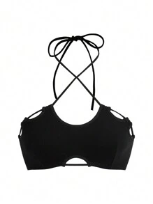 Women Solid Color Hollow Out Backless Halter Bra - Black - View 6