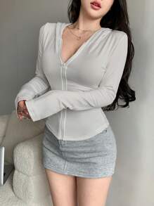 DAZY Sudadera con capucha ajustada de unicolor para mujer, nueva para otoño con manga larga, ropa de mujer de otoño - Beis - Ver 4