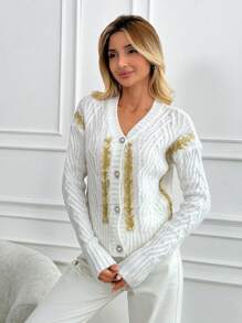 EURMUSE Women Button Front Elegant Cardigan With Gold Print Detail - Cream - View 1