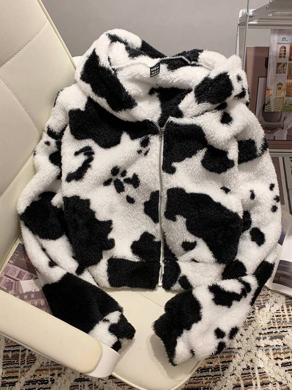 Comfortcana Chaqueta con capucha de cárdigan esponjoso con estampado de vaca, nueva para otoño, para mujeres