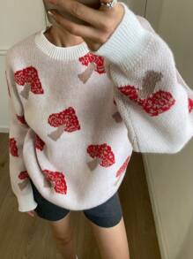 DAZY Allover Print Jacquard Contrast Color Splice Sweater, Women Pullover,Fall Women Clothes