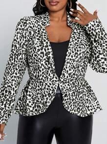 SHEIN Lady Blazer Wanita Ukuran Besar Kasual-Kerja Motif Leopard Lengan Gigot dengan Hem Berumbai untuk Pakaian Musim Gugur - Hitam dan Putih - View 5