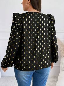SHEIN Frenchy Blusa oversize in stile casual con maniche a lanterna, fantasia a pois e arricciature, in colore oro, adatta per l'autunno - nero - Visualizzare 5