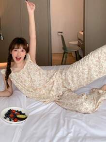 DAZY Ditsy Floral Pattern Ruffled Trim Sleeveless Pajama Set - Beige - View 6