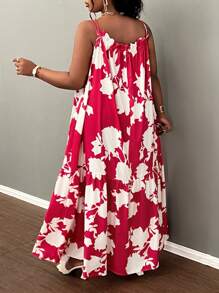 Slaydiva 大码花卉印花荷叶边下摆无袖连衣裙