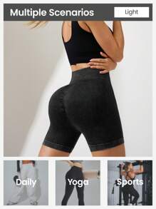 Easithlete Pantalones cortos deportivos casuales de unicolor sin costuras de cintura alta para mujeres - Gris Oscuro - Ver 2