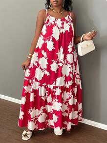 Slaydiva 大码花卉印花荷叶边下摆无袖连衣裙